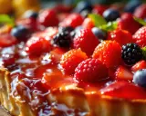 Tarte aux fruits rouges, fraises, framboises, mûres et myrtilles, nappée d'un glacage fruit rouge brillant.