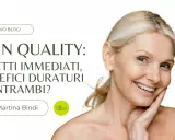 Donna sorridente con pelle luminosa, focus sulla qualità della pelle e i suoi benefici duraturi.