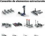 Diversos elementos para uniones mecánicas: pernos, tuercas, escuadras y anclajes.