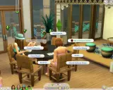 Simki w The Sims 4, korzystające z modów 18+, dyskutują przy stole. Widoczne opcje to "MC Command Center", "Practice Singing" i "Outfits...".