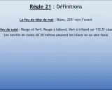 Règle 21 : Définitions des feux et marques des navires. Feu de tête de mât blanc, feux de côté rouge et vert.