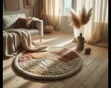 En rund ullmatta med olika texturer och färger ligger på ett trägolv. En stickad pläd ligger över en soffa i bakgrunden.