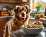 Un golden retriever attend patiemment sa nourriture, un plat appétissant de viande et de légumes est posé sur le comptoir de la cuisine.