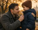 Ojciec zapina synowi kurtkę, czuły moment po rozstaniu. Prawa ojca do dziecka bez ślubu są ważne.