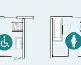 Grundrisse zeigen barrierefreies Bad Beispiele: links mit Dusche und Rollstuhlsymbol, rechts mit Wanne und Frauensymbol.