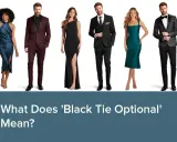 Six people in formal wear, including a burgundy black tie optional suit, a black suit, and elegant dresses, stand against a white background.