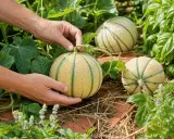 Mains cueillant un melon mûr dans une plantation de melons. Les fruits sont jaunes avec des rayures vertes, posés sur de la paille.