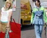 A young woman in a sparkly skirt over jeans poses on a red carpet. Another woman walks in a denim jacket with neon green sleeves, also wearing a skirt over jeans.