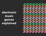 Spiegazione dei generi di musica elettronica, con un pattern colorato che ricorda le onde sonore.