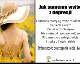 Kobieta w słomkowym kapeluszu na tle słoneczników. Tekst podpowiada, jak samemu wyjść z depresji: rób dobre rzeczy, zacznij od drobiazgów, bądź wdzięczny.