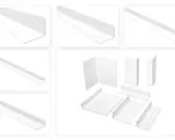Verschiedene weiße Kunststoffwinkel in unterschiedlichen Größen und Formen, ideal für Ecken und Kanten.
