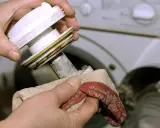 Hände reinigen das Flusensieb der Waschmaschine. Ein Tuch wischt Schmutz von dem ausgebauten Teil.