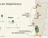 Karte zeigt verschiedene Portugal Regionen: Azoren, Madeira, Porto Santo, sowie das historische Herz mit Braga, Porto, Coimbra, Tomar und Lissabon.
