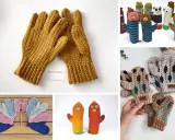 Variedad de mitones a crochet: guantes amarillos, muñecos animales, mitones de colores y diseños geométricos.