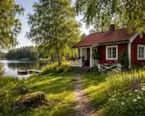 En röd stuga vid en sjö, omgiven av grönska och blommor. En stig leder fram till den charmiga gula stugan.
