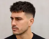 Mann mit modernem French Crop Haarschnitt, kurz geschorenen Seiten und einem leichten Bart.