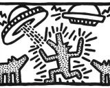 Keith Haring's iconic dog figures are caught in a UFO abduction, a playful yet thought-provoking scene.
