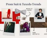 Prom suit and tuxedo trends: bold red, deep green, and purple suits, a classic navy tux, metallic accessories, and brown shoes.