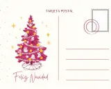 Tarjeta postal navideña para imprimir con un árbol rosa decorado y estrellas. Ideal para enviar tus mejores deseos.