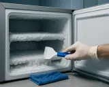 Ręka w rękawiczce usuwa lód z zamrażarki no frost. Gruba warstwa szronu pokrywa półki, wskazując na potrzebę rozmrożenia.