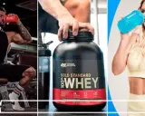 Hombres y mujeres consumiendo proteína antes o después de entrenar. Un hombre bebe de un shaker, otro sostiene un bote de proteína, y una mujer bebe de un shaker azul.