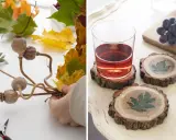 Création d'une décoration d'automne avec des coquelicots séchés et une feuille morte. À côté, des sous-verres en rondins de bois ornés de feuilles.