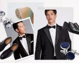 A collage showcasing elements of formal styling: tuxedos, bow ties, dress shoes, and cufflinks.