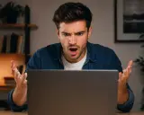 Zaskoczony mężczyzna patrzy na ekran laptopa, zastanawiając się, ile się czeka na druk A1 ZUS.