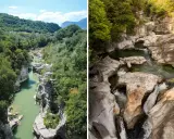 Gole scavate dall'acqua tra le verdi marche montagna. Un fiume serpeggia tra rocce levigate e vegetazione lussureggiante.