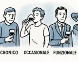 Tre uomini con bicchieri di vino: uno triste (cronico), uno che beve (occasionale), uno in giacca e cravatta con simboli di salute (funzionale). Le scuse di un alcolista.