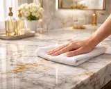 Hand wischt mit Tuch über Marmorplatte, um Flecken auf Marmor zu entfernen. Glänzende Oberfläche, luxuriöses Badezimmer.