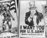 Rekrutierungsplakate aus dem Epochenjahr 1917: "Follow the Flag" mit Matrose, "I Want You for U.S. Army" mit Uncle Sam und weitere patriotische Aufrufe.