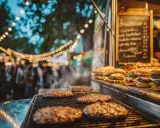 Hamburguesas humeantes en parrilla, listas para servir en un food truck. Un ejemplo de cómo montar un food truck exitoso con ambiente festivo.