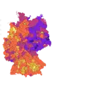 Karte Deutschlands mit farbkodierten Regionen, die unterschiedliche Werte darstellen. Die Legende zeigt Werte von ≥ 50 (dunkelblau) bis < 42 (gelb). Dies könnte gesellschaftlichen Wandel in verschiedenen Gebieten visualisieren.