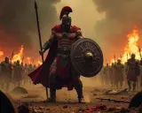 Ein Krieger mit Schild und Speer steht vor einer Armee. Flammen lodern im Hintergrund. Ares' Aufgaben sind erfüllt.
