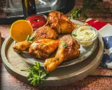 Saftige drumsticks aus dem Airfryer, serviert mit Ketchup, Mayonnaise und Zitrone. Perfekt für einen leckeren Snack!