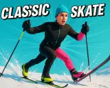 Ungdom åker skate-skidor, med texten "CLASSIC SKATE". En bra fråga är hur långa skidor man ska ha för att åka fort.