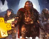 Trzech krasnoludów w zbrojach, z brodami i w jaskini. Obok żółte logo PlayStation Plus, zapowiadające gry na marzec.