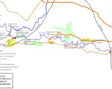 Mapa szlaku kajakowego na Podkarpaciu z zaznaczonymi punktami wodowania, bystrzami i miejscami biwakowymi.