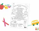 Pagina da colorare con una filastrocca del nuovo anno scolastico, con bambini, libri, matite, zaino e scuolabus.