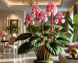 Kwiat medinilla z różowymi kwiatostanami i dużymi, zielonymi liśćmi w eleganckim wnętrzu.