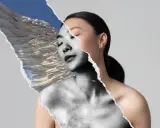 A torn collage reveals an Asian woman's face and body, with a feathered wing and sky on the left. One of the best portraits.