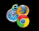 Ikony przeglądarek Chrome, Firefox, Internet Explorer i kompas na czarnym tle.