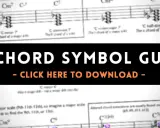 Fragment nut z akordami i tekstem "THE CHORD SYMBOL GUIDE - CLICK HERE TO DOWNLOAD".