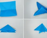 Pasos para papiroflexia para niños: un avión de papel azul se pliega en cuatro etapas.