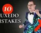 Man in a sparkly tuxedo jacket with a red X, illustrating what to wear to a black tie event and common tuxedo mistakes.