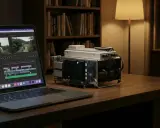 Un ordinateur portable affiche un logiciel de montage vidéo. À côté, un appareil complexe, peut-être un NAS, est connecté.