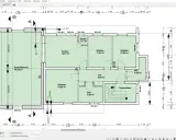 Bauzeichnung Grundriss eines Hauses mit Räumen wie Essen/Wohnen, Kochen, Schlafen, Bad, WC, Flur und Treppenhaus.