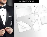 Instrukcja krok po kroku, jak złożyć chusteczkę do garnituru w prostokąt. Elegancki mężczyzna w smokingu pokazuje, jak uzyskać idealny wygląd.