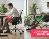 Un homme travaille à un poste de travail. La partie gauche montre une mauvaise posture, la droite une bonne posture avec repose-pieds.